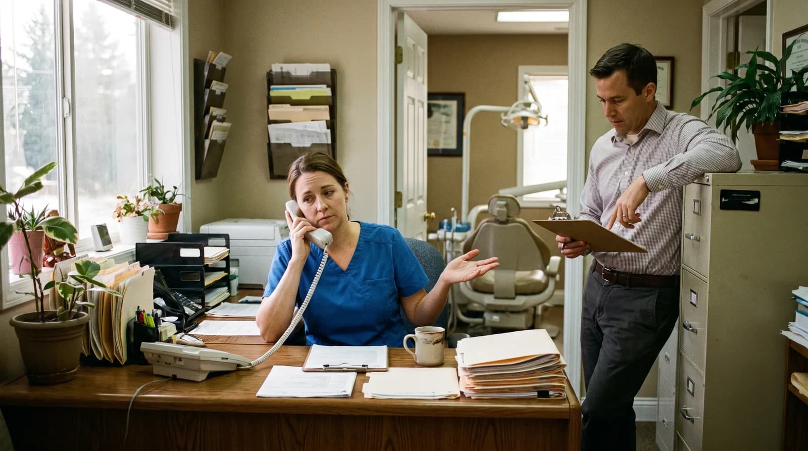 Front desk phone system representing after hours answering services for medical offices
