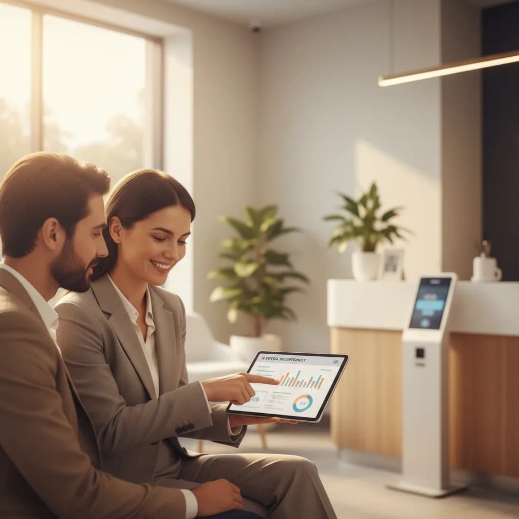 A tablet in a dental office displaying a growth chart and AI chat interface, illustrating AI dental receptionist ROI.