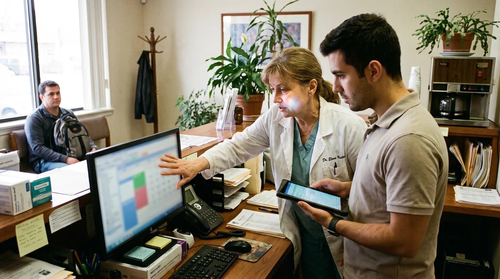 AI dental receptionist for solo dentists answering a call at a front desk