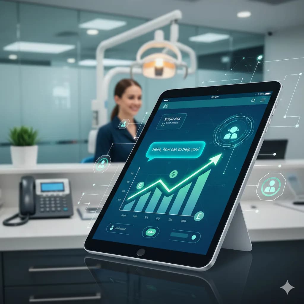 A tablet in a dental office displaying a growth chart and AI chat interface, illustrating AI dental receptionist ROI.