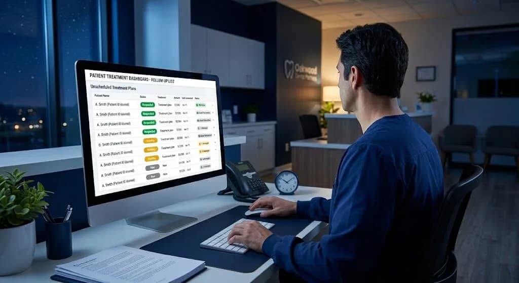 Dentist reviewing an AI follow-up dashboard for unscheduled treatment plans on a desktop computer