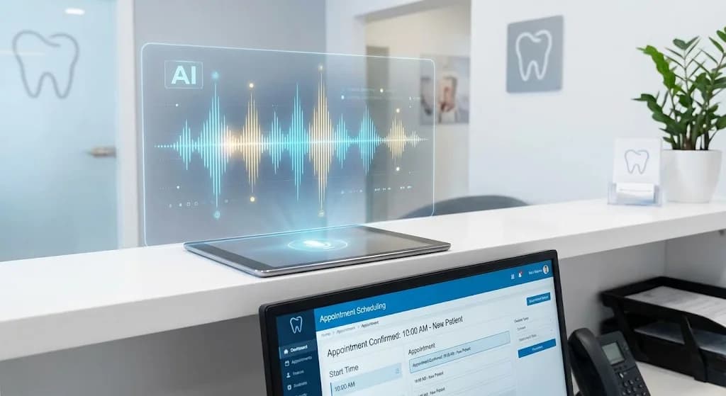 AI interface at a dental reception desk deciphering multiple diverse voice patterns into a tidy schedule.