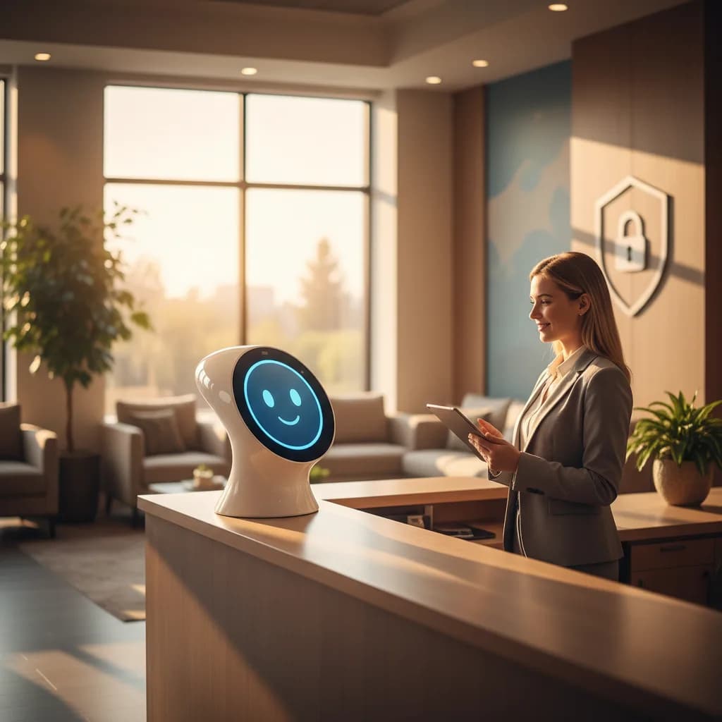 Secure AI dental receptionist at a HIPAA compliant reception desk, combining human and technology.