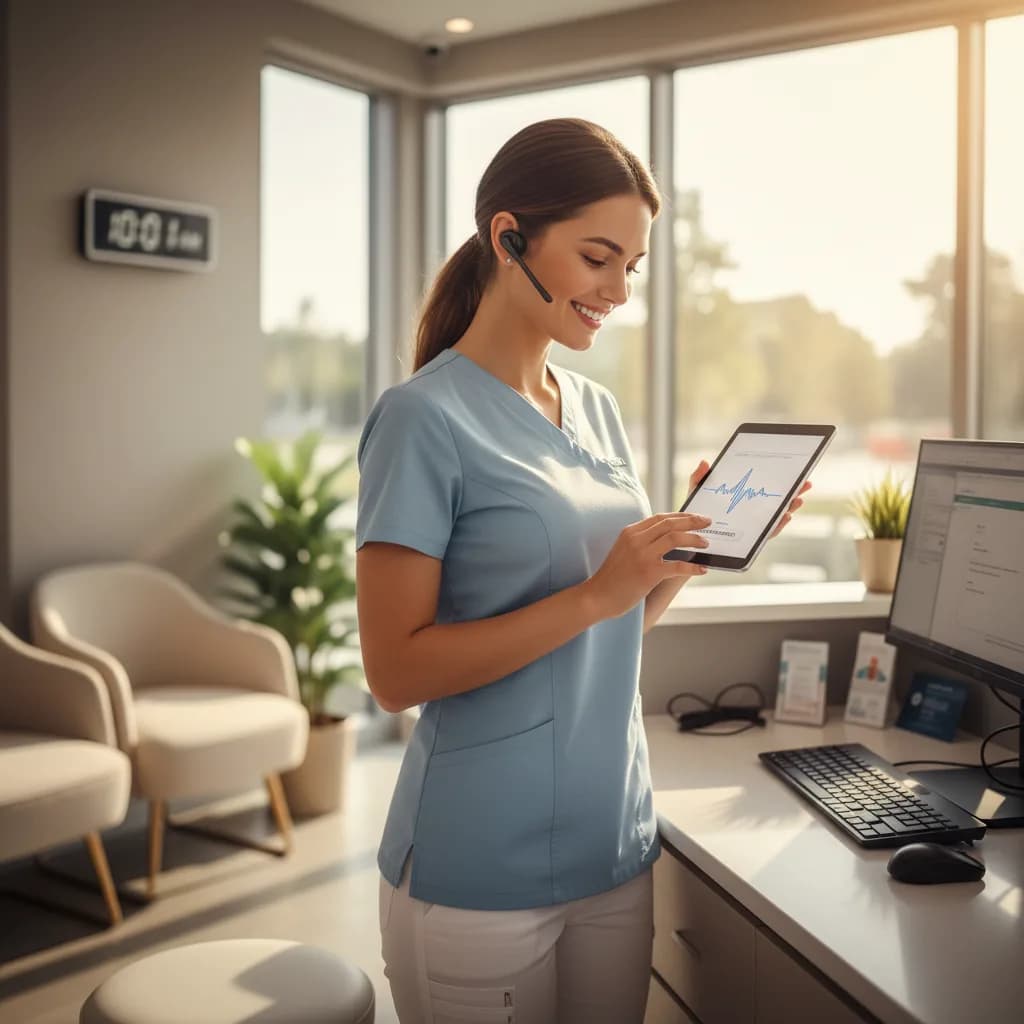 A modern dental reception desk featuring a smartphone with a call waveform and a tablet confirming an appointment, set against a bright, clinical background with a blurred dental chair.