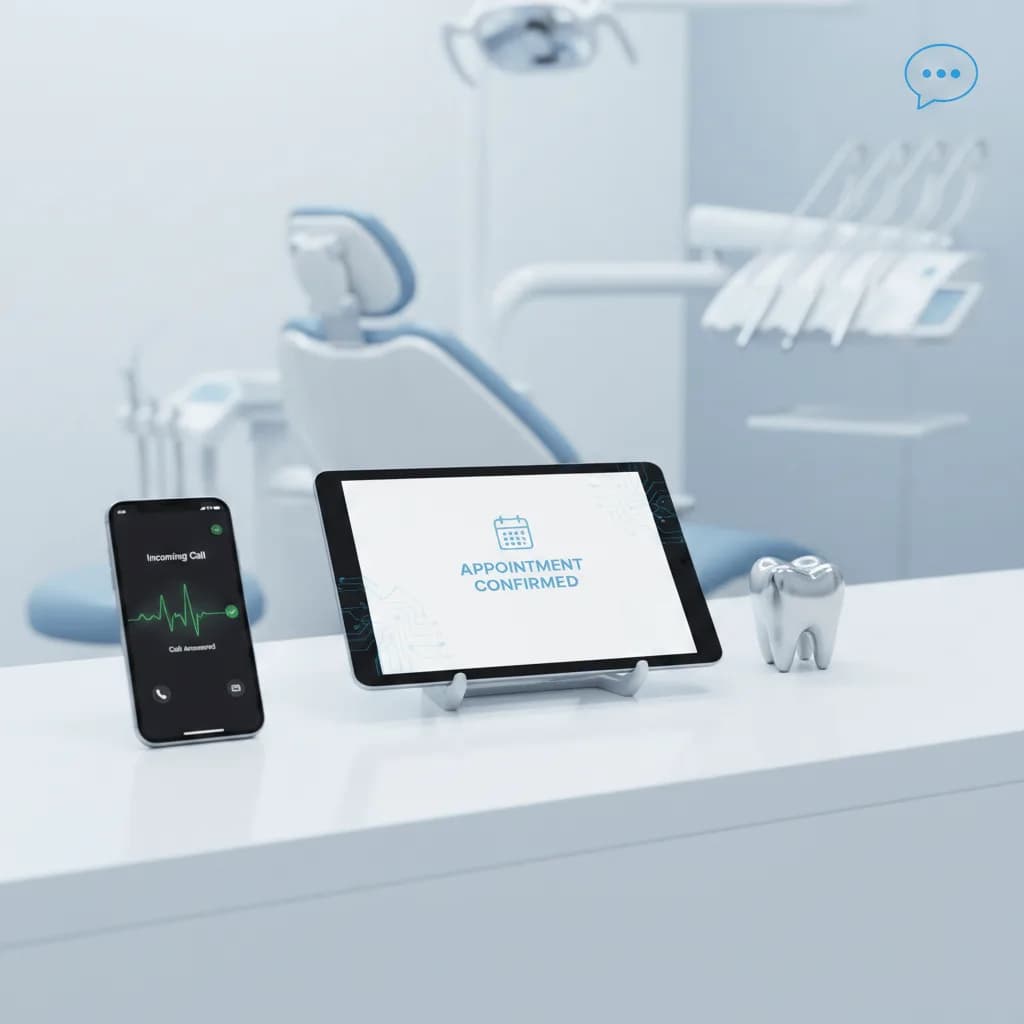 A modern dental reception desk featuring a smartphone with a call waveform and a tablet confirming an appointment, set against a bright, clinical background with a blurred dental chair.
