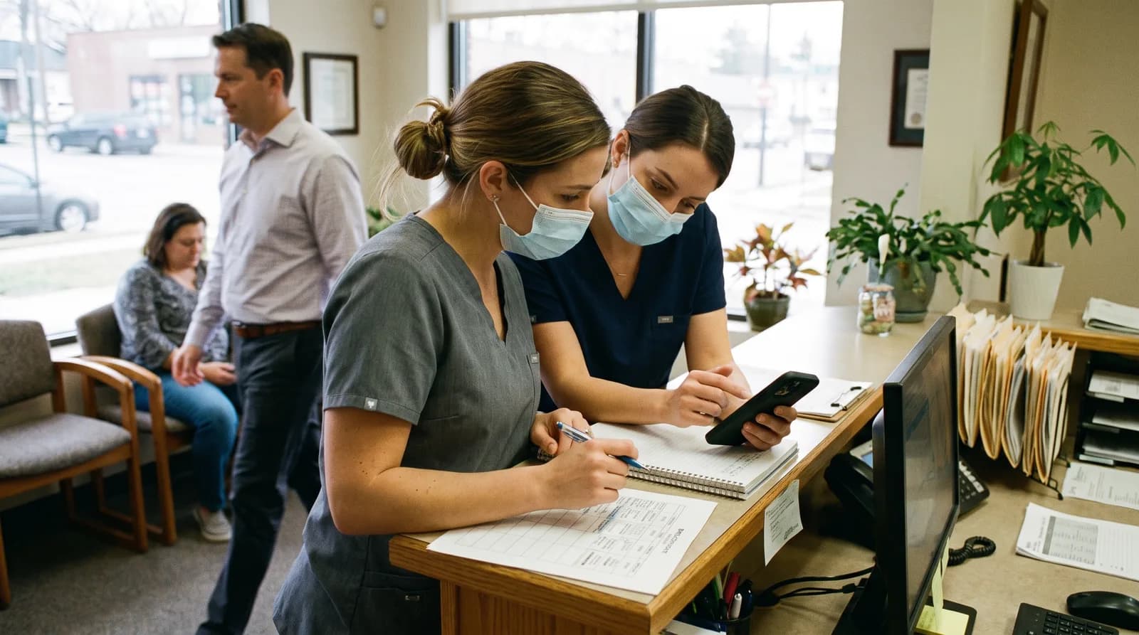 Dental front desk team viewing automated appointment reminder software on computer while calendar and phone texts appear