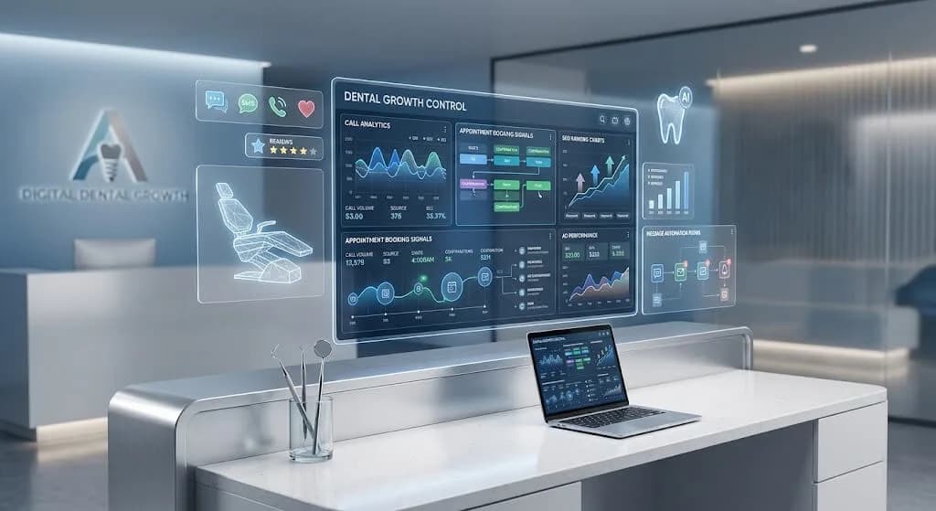 AI marketing tools for dental practices shown on a clean dashboard managing patient acquisition across four categories