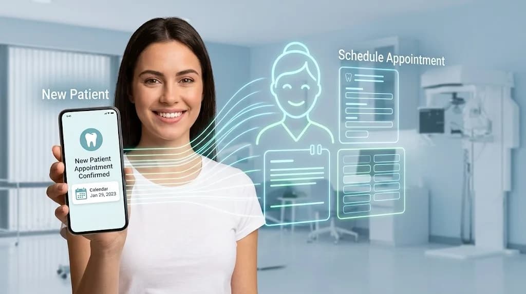 Smiling patient holding a smartphone with a confirmed dental appointment next to a glowing AI virtual receptionist.