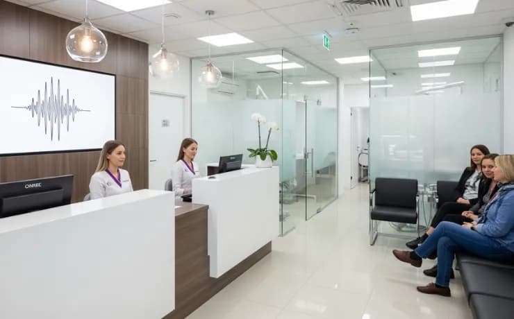 Dental office front desk where a friendly AI receptionist interface assists a patient booking an appointment on a tablet