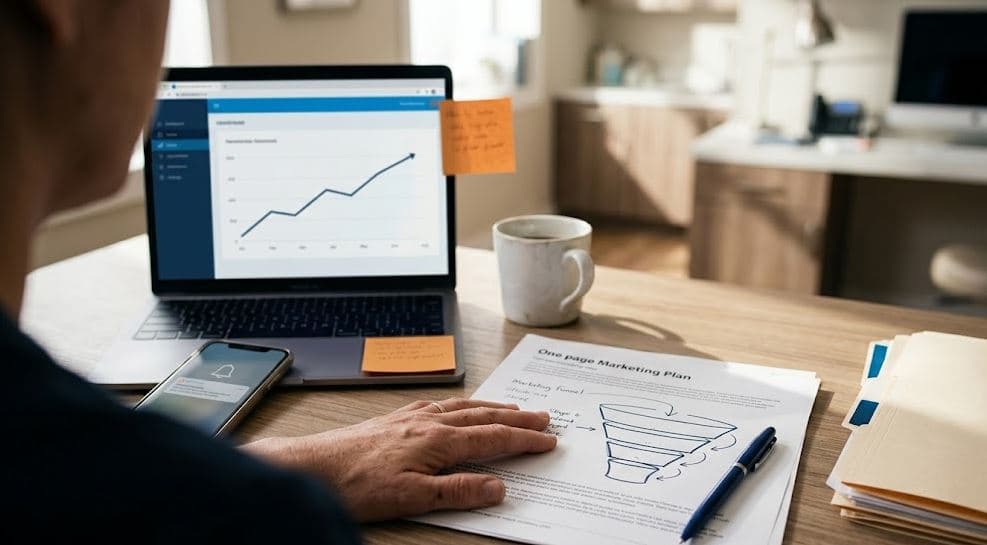 Bird's-eye view of a marketing blueprint on a drafting table showing a revenue funnel with stages Attract, Convert, Retain, Grow, representing a dental practice marketing strategy