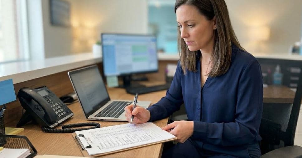 Secure AI dental receptionist at a HIPAA compliant reception desk, combining human and technology.