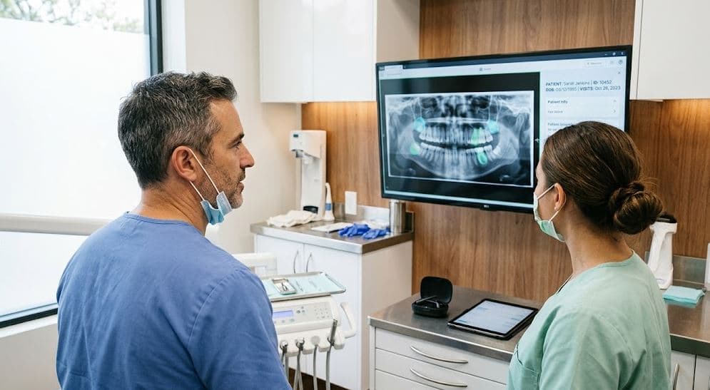 Dentist reviewing AI-assisted dental imaging and patient communication data on a screen