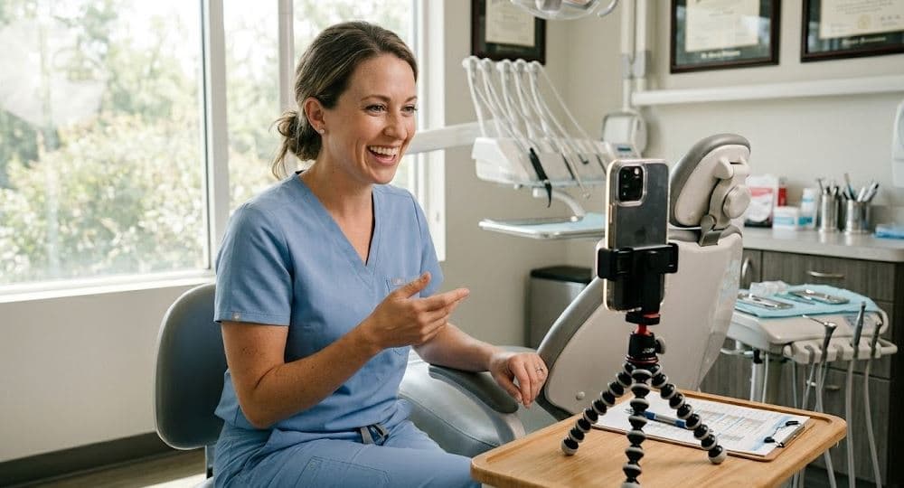 Dentist speaking warmly to camera in bright dental office, smiling in white coat during a meet the doctor video shoot