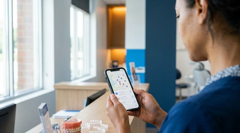 Orthodontic clinic featured in a local Google-style map search with braces and aligner visuals representing SEO for orthodontists in 2026