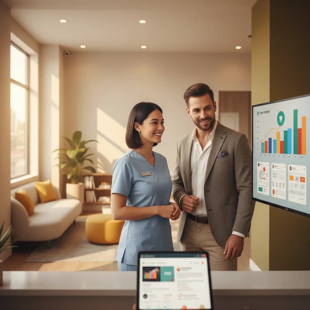 Dentist reviewing social media ad on tablet while smiling dental team poses in clinic, showcasing before-and-after smiles