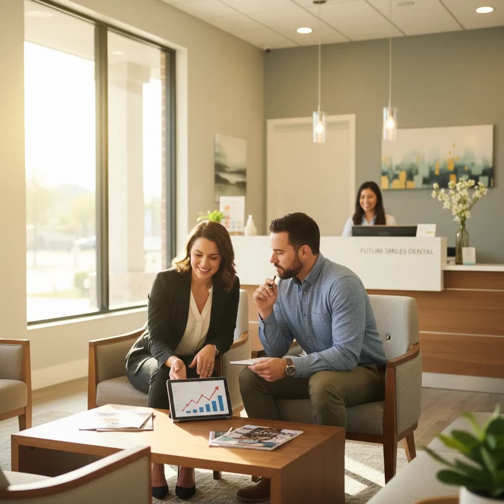 Dentist and marketing specialist reviewing Google Ads and social media campaign analytics on a laptop inside a dental office
