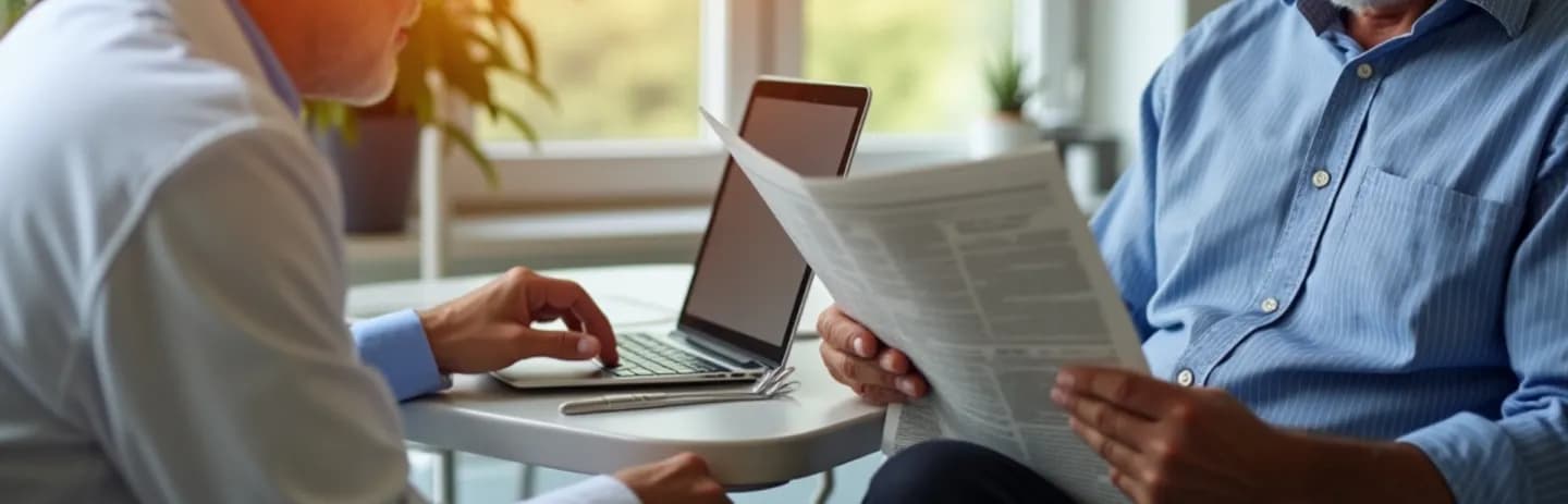 Dentist reviewing marketing data on a laptop while holding printed flyers in a dental office, comparing digital ads