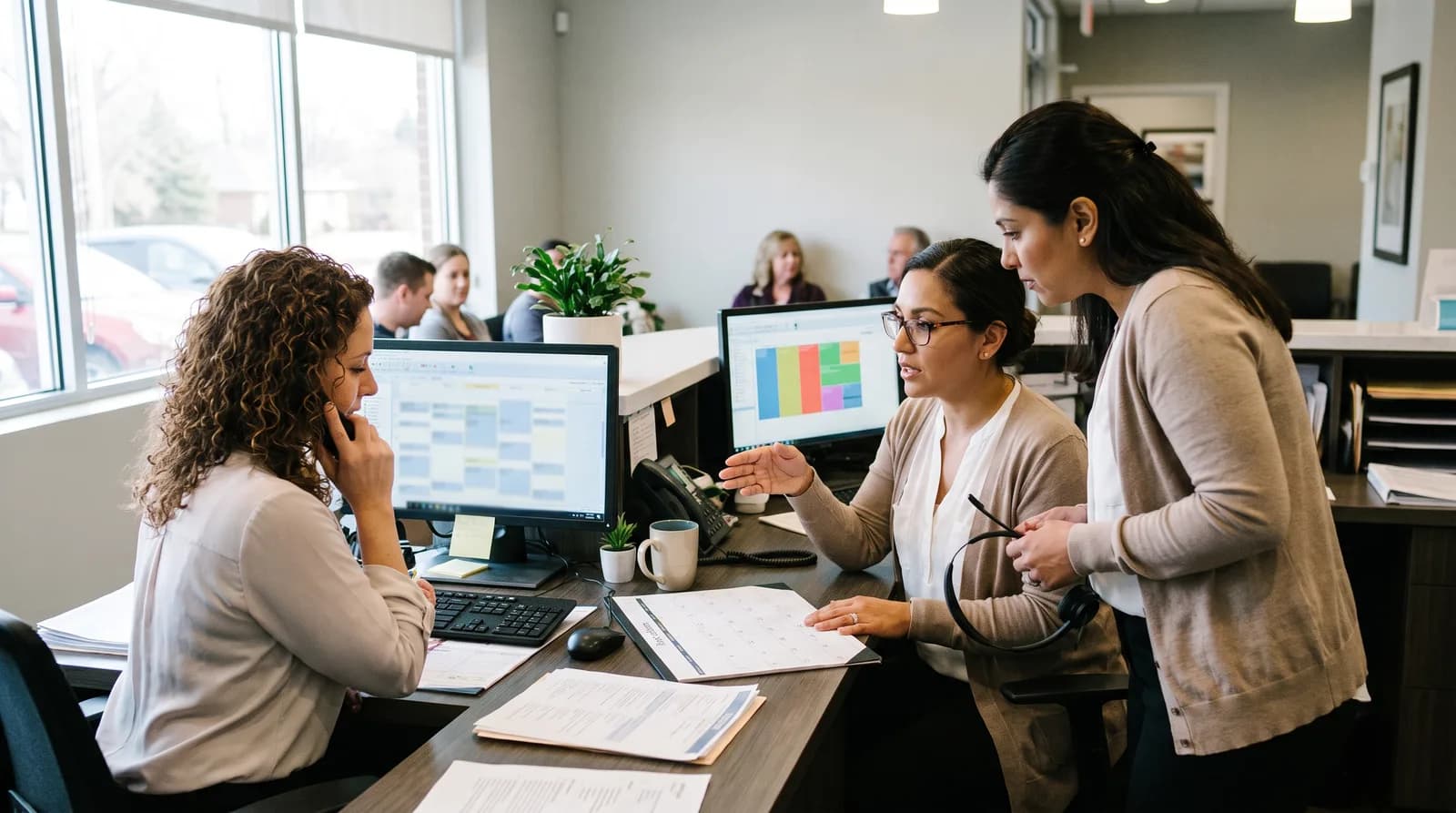 Dental office front desk with two staff members assisting a patient at check-in