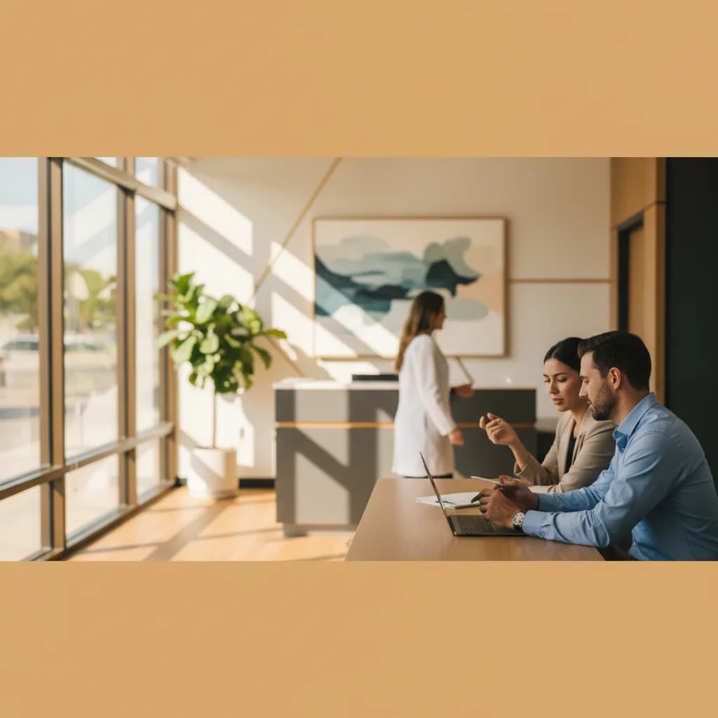 Dental practice owner reviewing implant SEO analytics on laptop with content silo diagram and local search results visible