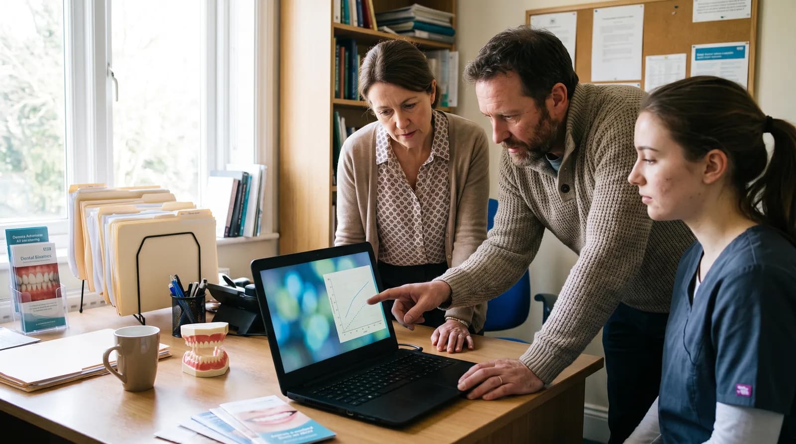 Dental practice owner reviewing implant SEO analytics on laptop with content silo diagram and local search results visible