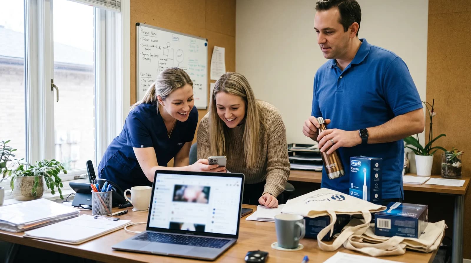 Dental team member holding smartphone showing Instagram giveaway post beside smiling patients in modern dental office