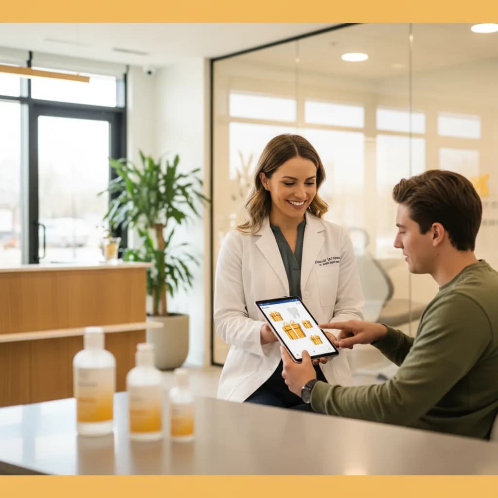Dental team member holding smartphone showing Instagram giveaway post beside smiling patients in modern dental office