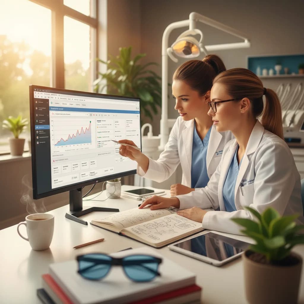 Dentist reviewing keyword research charts on laptop, analyzing local search terms to attract new patients online visually