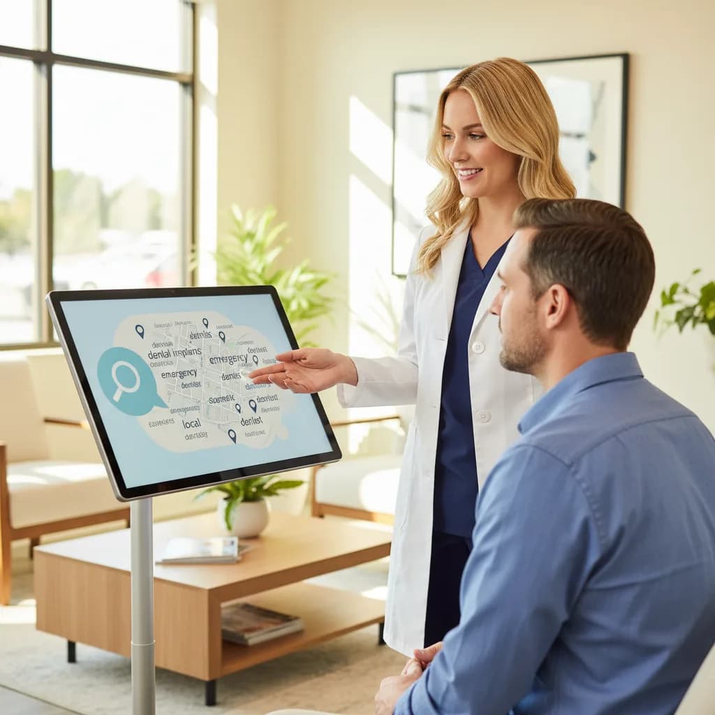 Dentist reviewing local SEO keyword strategy on laptop with city map, highlighting top dental searches to attract patients