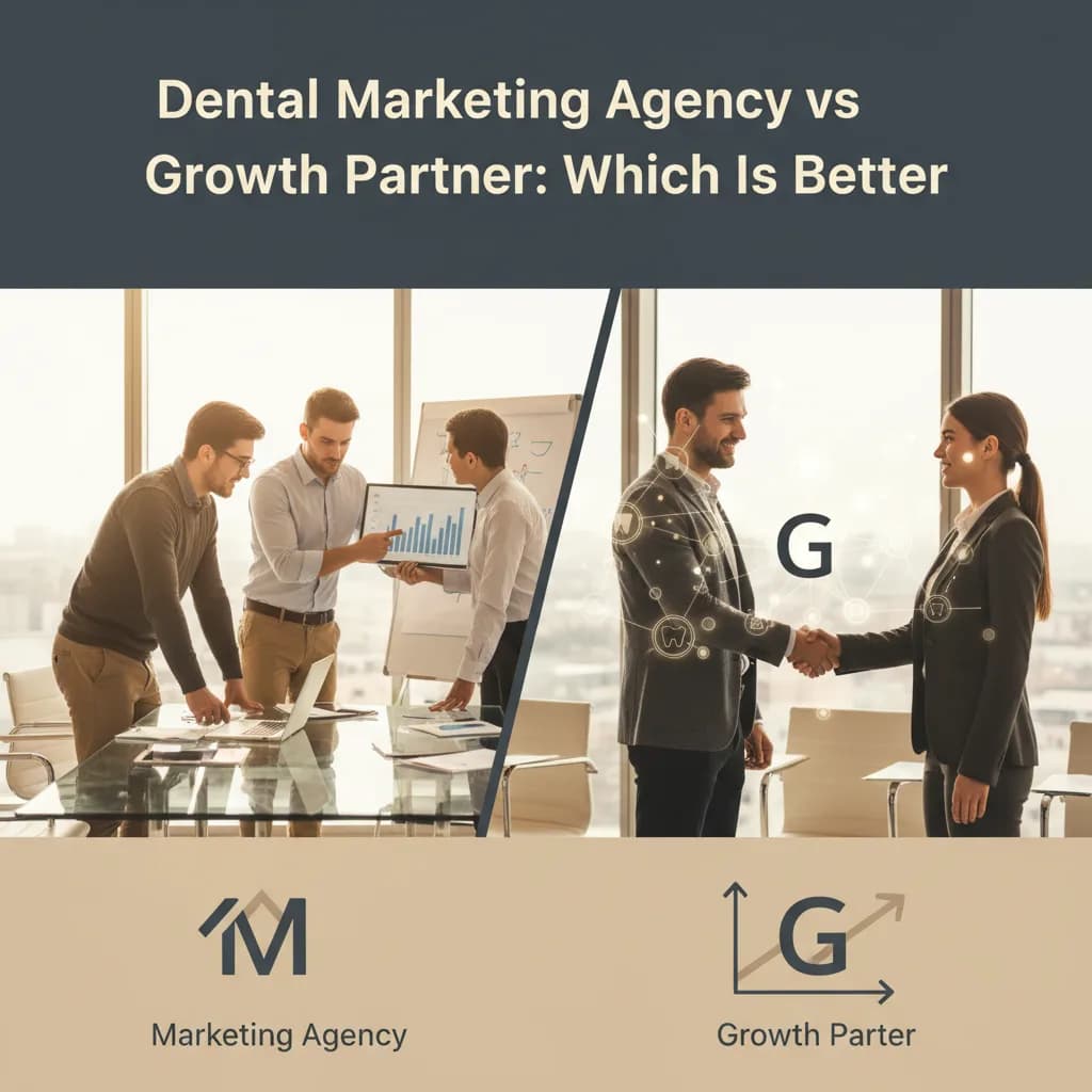 Dentist comparing a traditional marketing agency path with a unified growth partner system that connects search, reviews, calls, scheduling, follow-up, and booked growth.