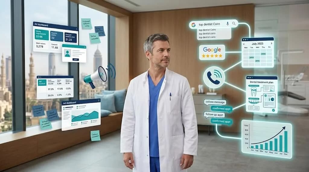 Dentist comparing a traditional marketing agency path with a unified growth partner system that connects search, reviews, calls, scheduling, follow-up, and booked growth.