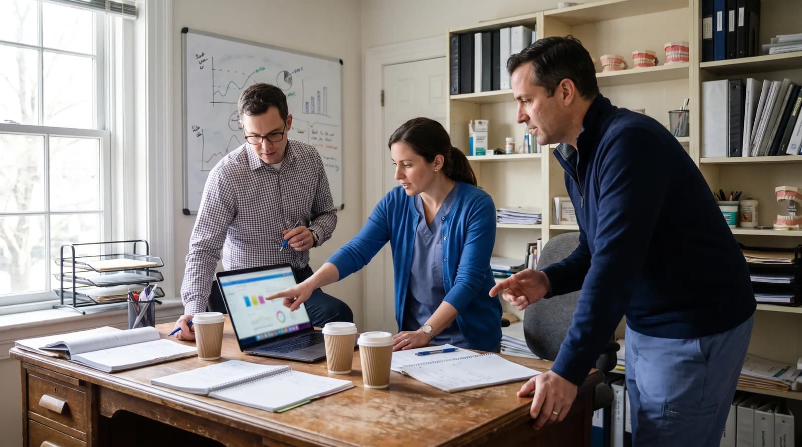 Dental marketing experts reviewing a patient acquisition dashboard with a dental practice team around a desk