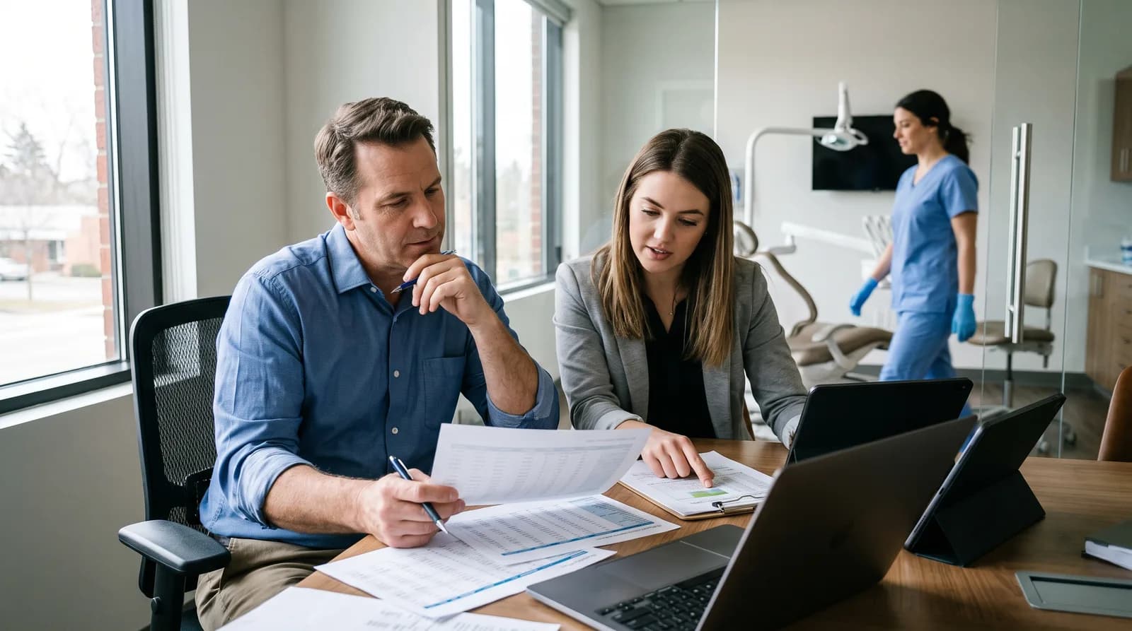 Dentist and office manager reviewing dental marketing spend and ROI data in a modern dental practice