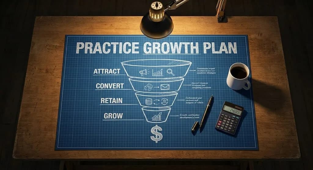 Bird's-eye view of a marketing blueprint on a drafting table showing a revenue funnel with stages Attract, Convert, Retain, Grow, representing a dental practice marketing strategy