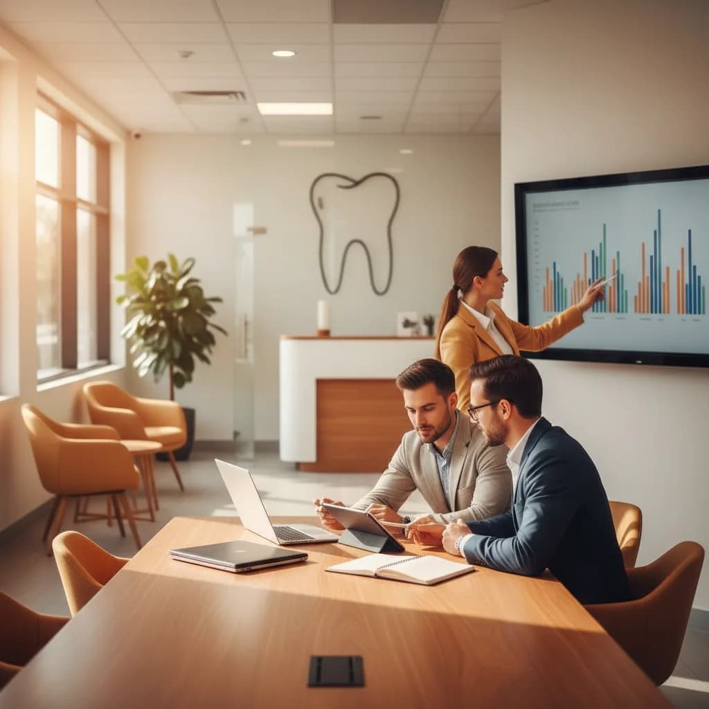 Modern dental clinic team reviewing digital marketing on laptop, planning local SEO, ads, and social media for 2025 growth