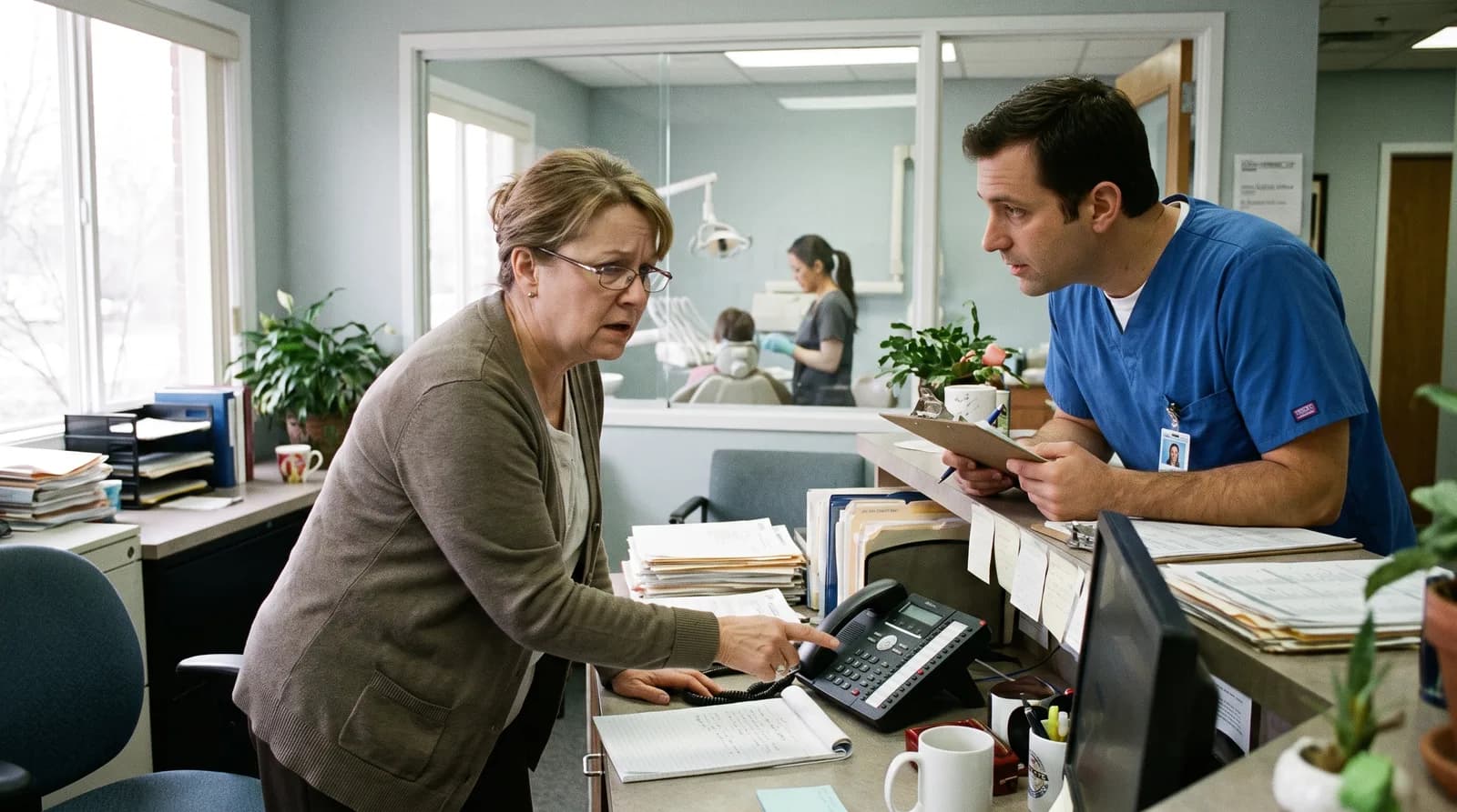 Dental office missed call solution comparison showing phone system and practice management schedule