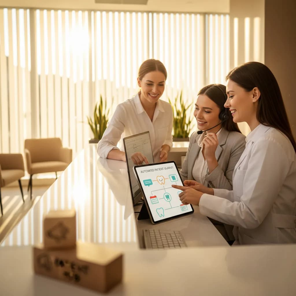Dental patient communication lifecycle showing touchpoints from first call to recall