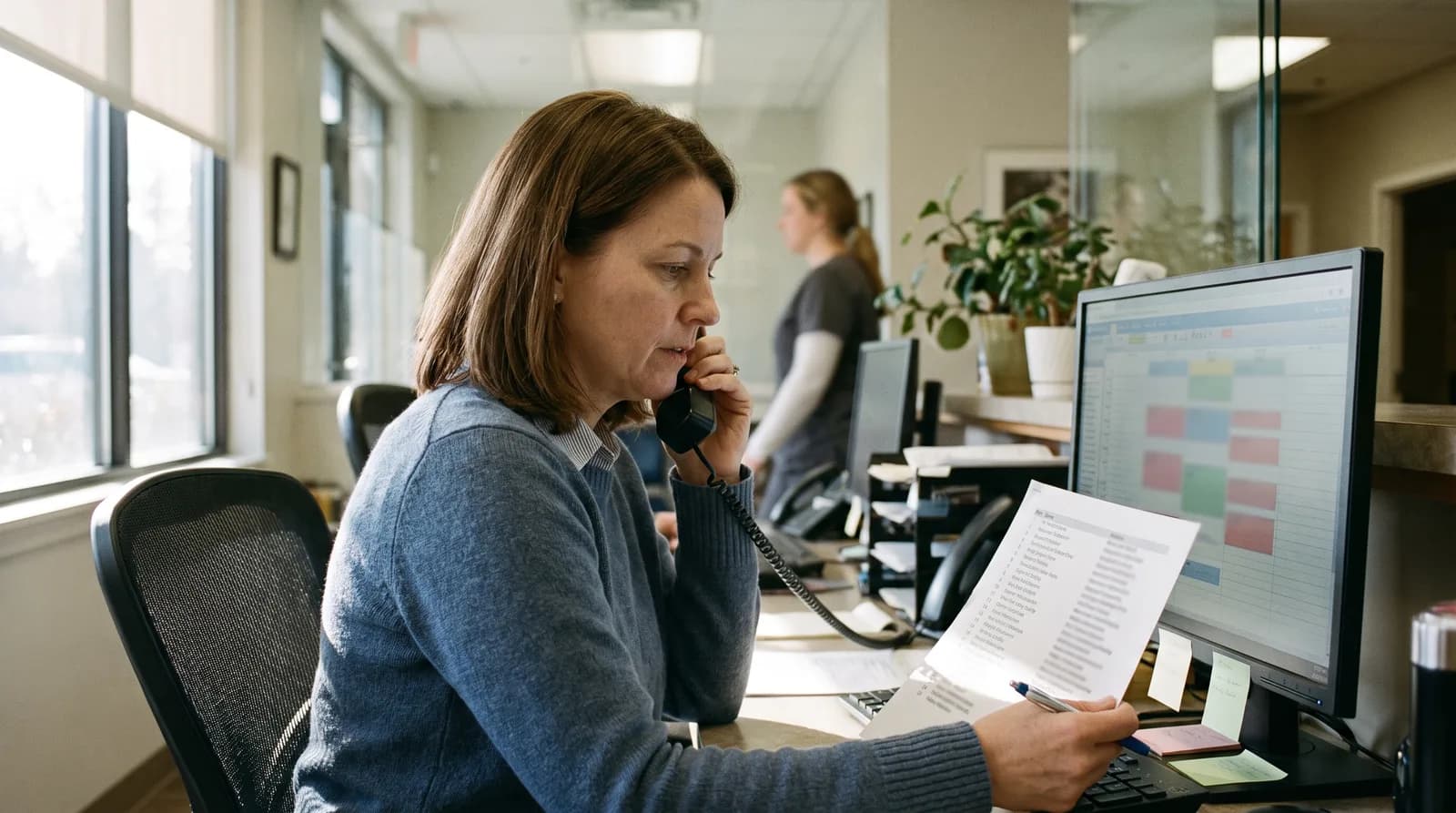 Front desk team member making dental patient reactivation calls from a printed call list beside the appointment schedule