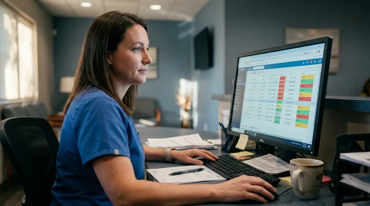 A smiling dental office manager using patient recall software on a computer in a modern practice.