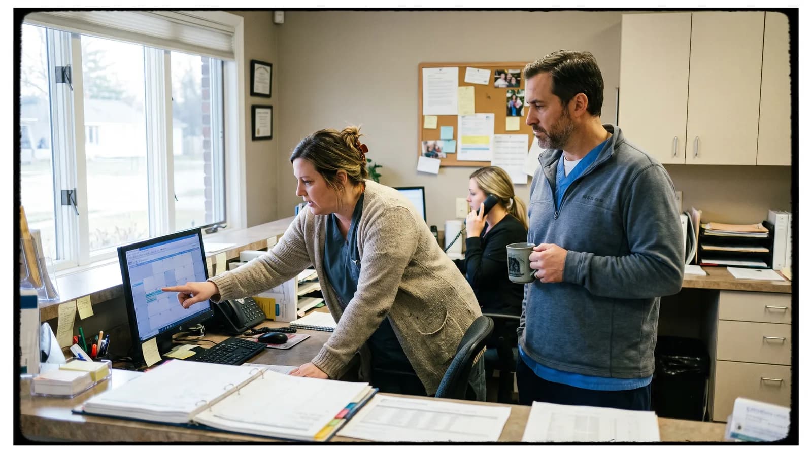 Dental team building a dental patient recall system at the front desk