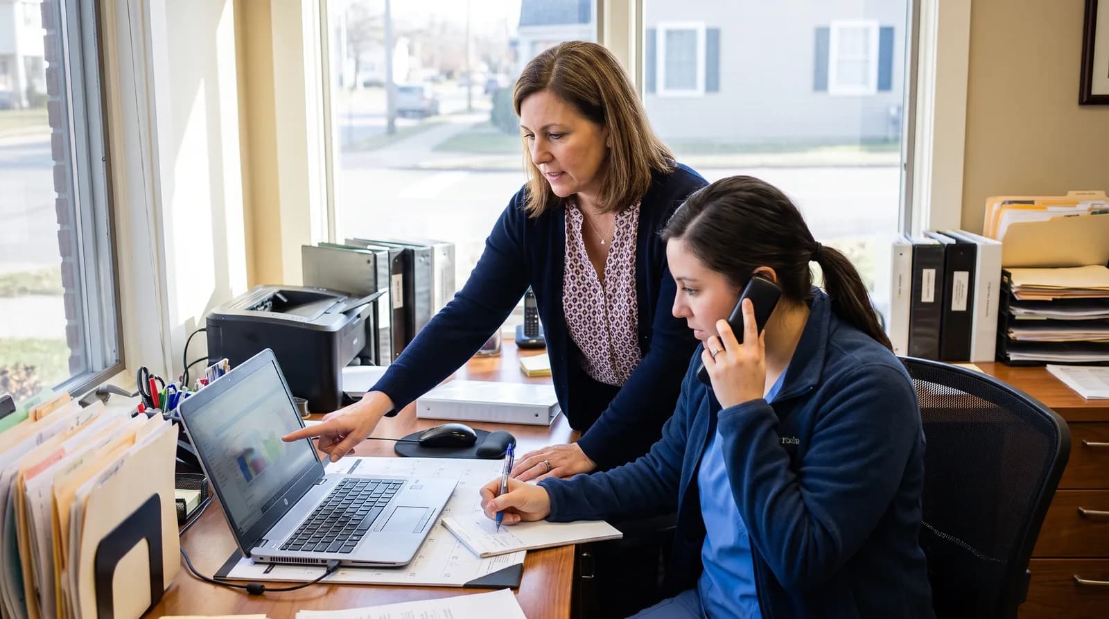 A smiling patient receives a reactivation message on her phone, connected digitally to a dental office.