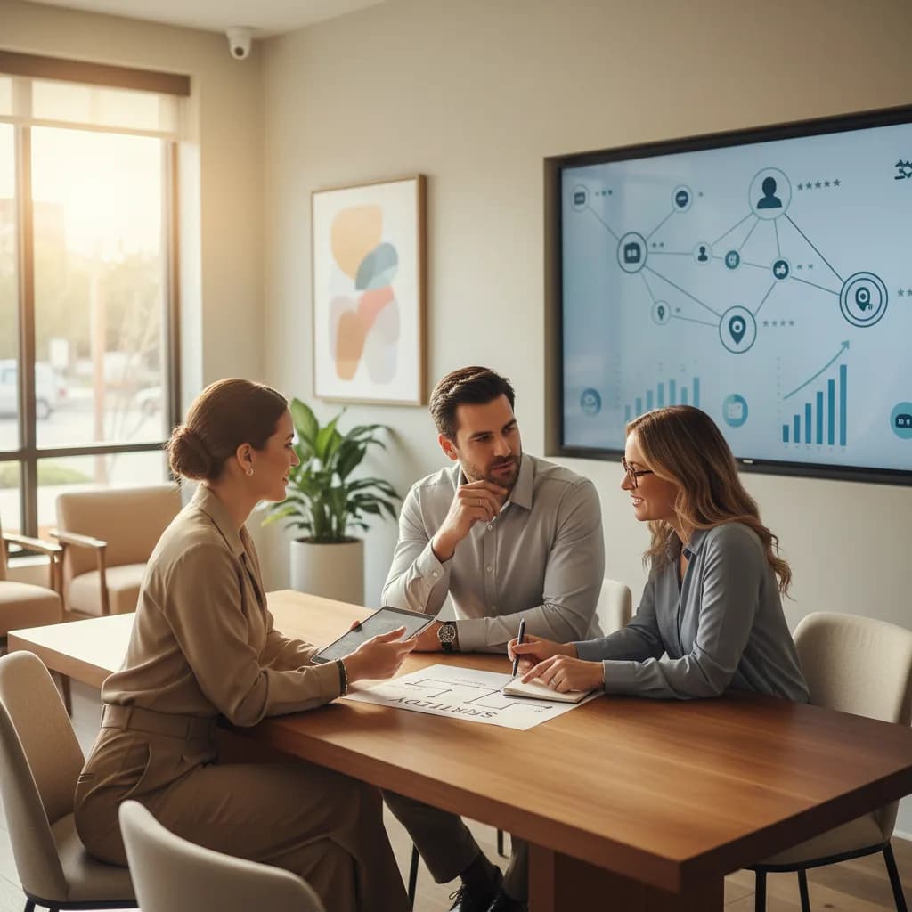 Dentist reviewing five star patient reviews on laptop in dental office while staff discusses online reputation strategy