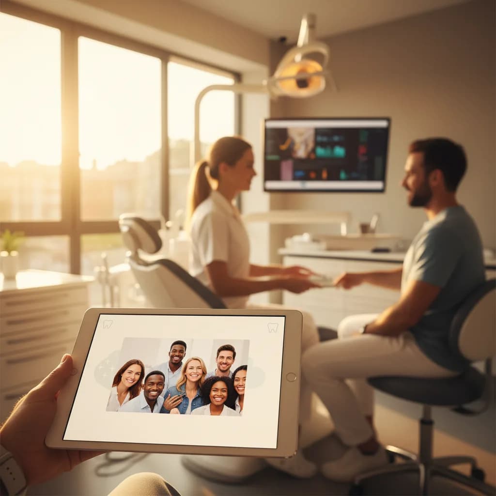 Dentist reviewing social media ad on tablet while smiling dental team poses in clinic, showcasing before-and-after smiles