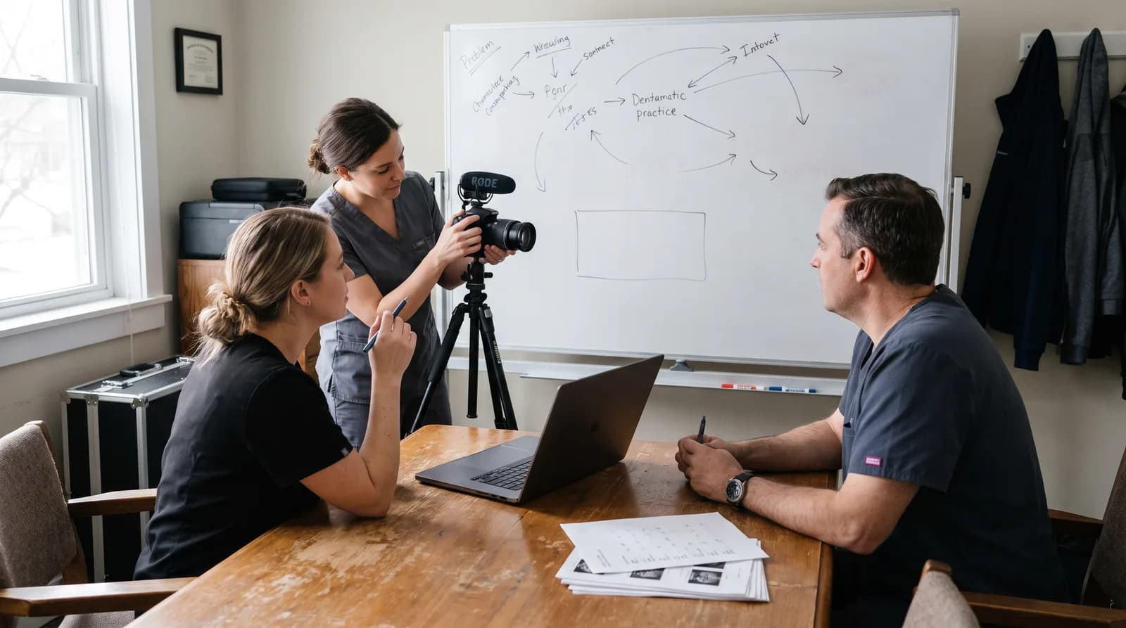 Dental video content types on a production board: office tour, patient testimonial, procedure explainer and FAQ clips for a dental practice