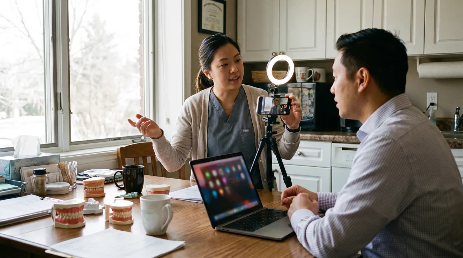 Dentist filming a friendly smartphone video in a bright dental office using a tripod and ring light to explain treatment