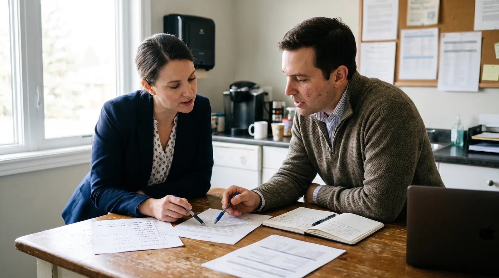 Dentist and web designer reviewing a dental website redesign on a laptop, discussing mobile layout, appointment buttons