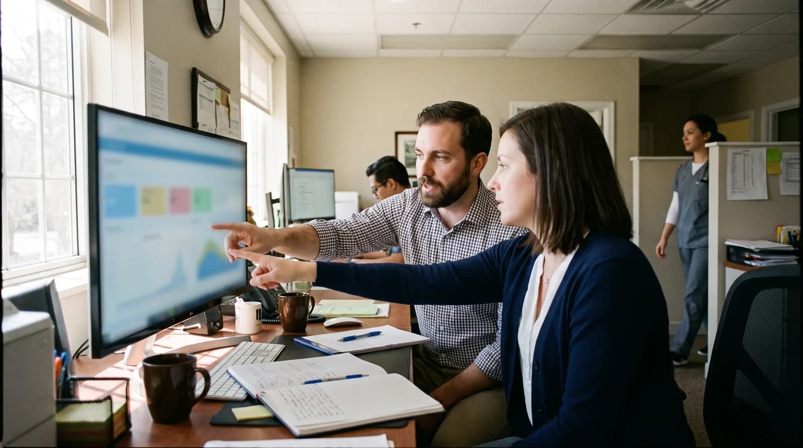 An office manager effortlessly viewing appointments across multiple dental clinics using centralized software.