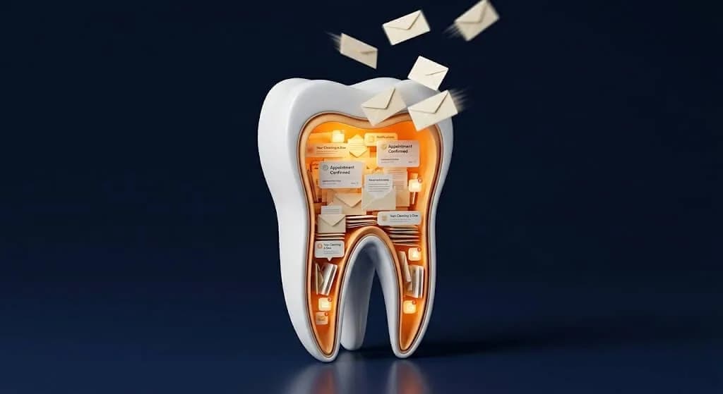 Cross-section of a dental molar filled with glowing email notifications and appointment reminder cards, representing email marketing automation for dental practices.