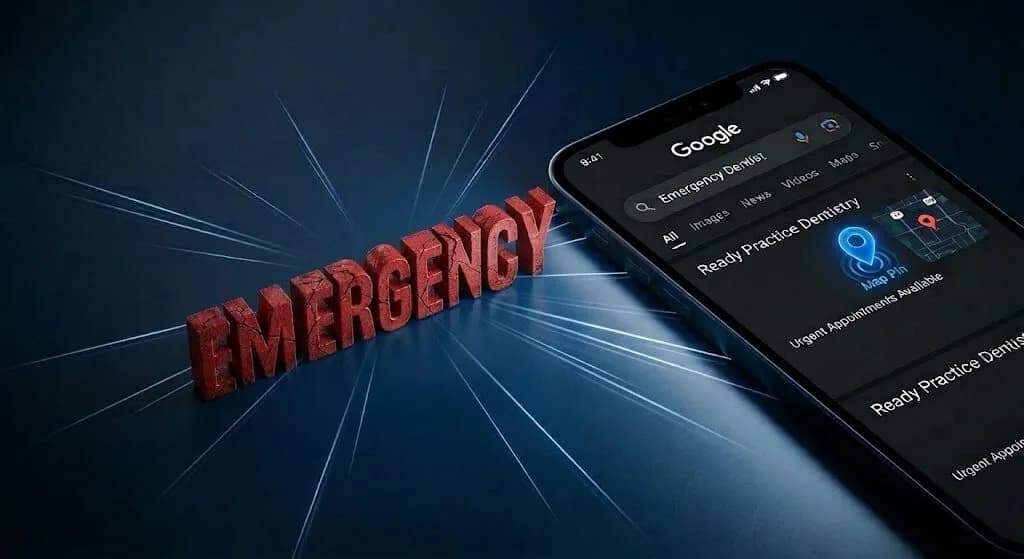 Emergency word surrounded by glowing smartphone search results and a Google Maps pin with Open Now , representing emergency dental search visibility