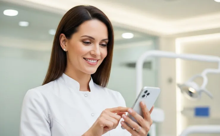 Dentist reviewing Facebook Ads results on laptop with smiling patients photos, targeting local families and patient offers