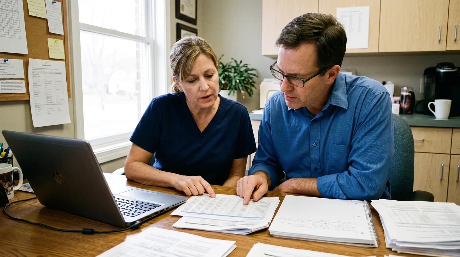 Dentist reviewing Facebook Ads results on laptop with smiling patients photos, targeting local families and patient offers